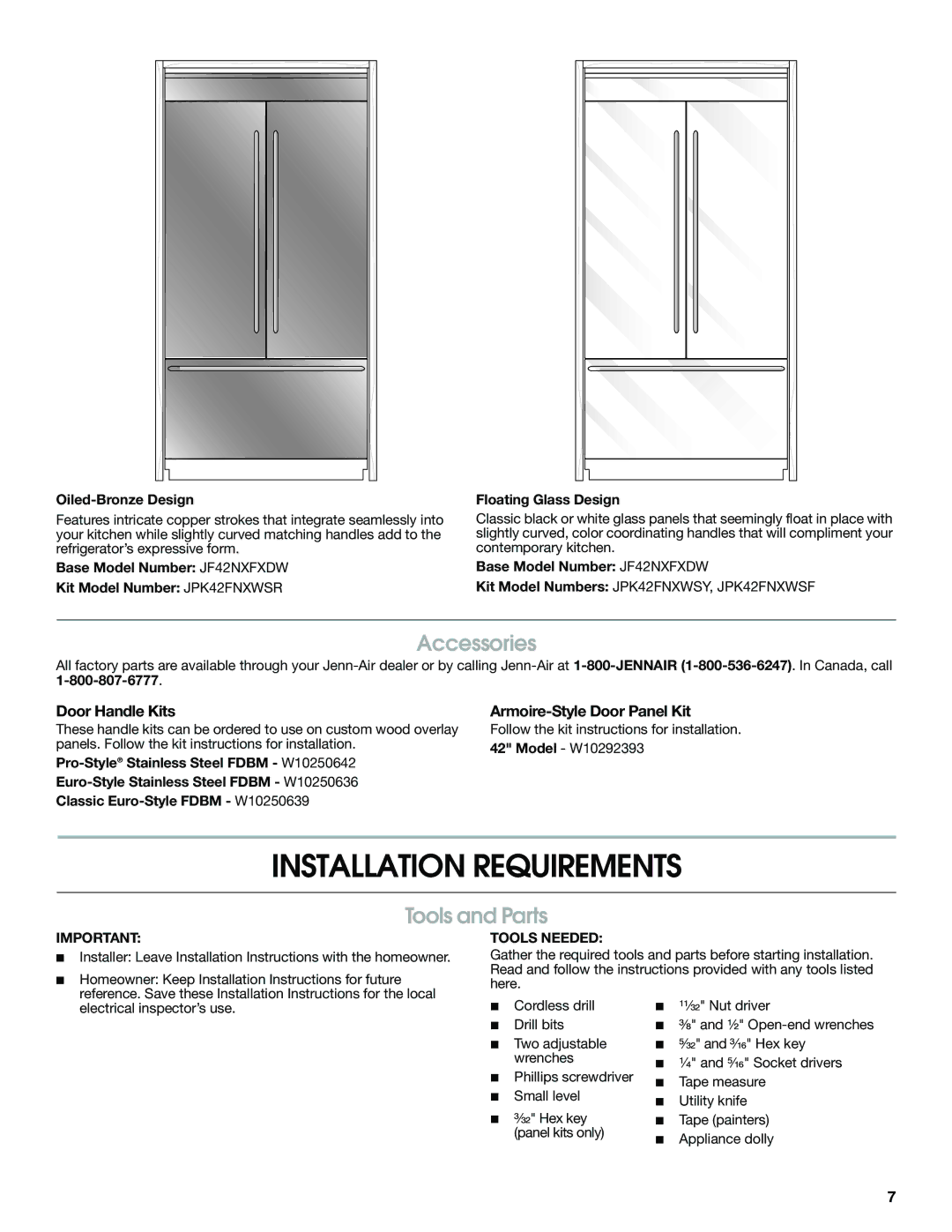 Jenn-Air W10379137A manual Installation Requirements, Tools and Parts, Oiled-Bronze Design, Base Model Number JF42NXFXDW 