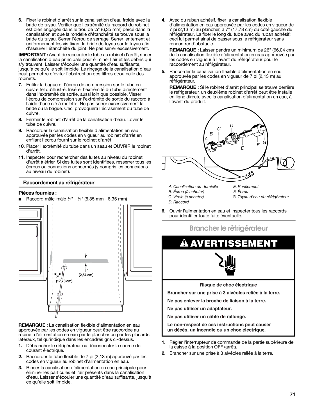 Jenn-Air W10379137A manual Brancher le réfrigérateur, Raccordement au réfrigérateur, Pièces fournies 