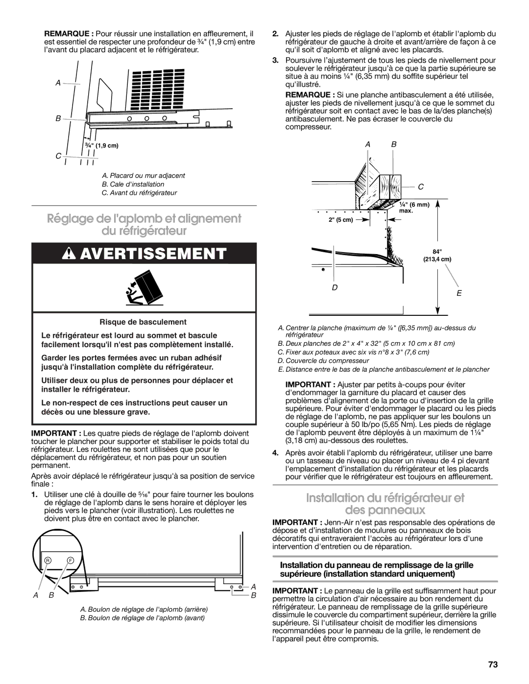 Jenn-Air W10379137A manual Réglage de laplomb et alignement Du réfrigérateur, Installation du réfrigérateur et Des panneaux 