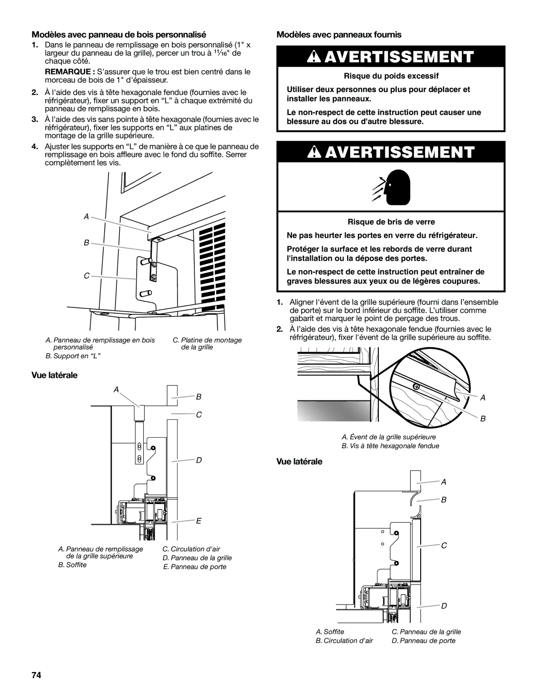 Jenn-Air W10379137A manual Modèles avec panneau de bois personnalisé, Vue latérale, Modèles avec panneaux fournis 