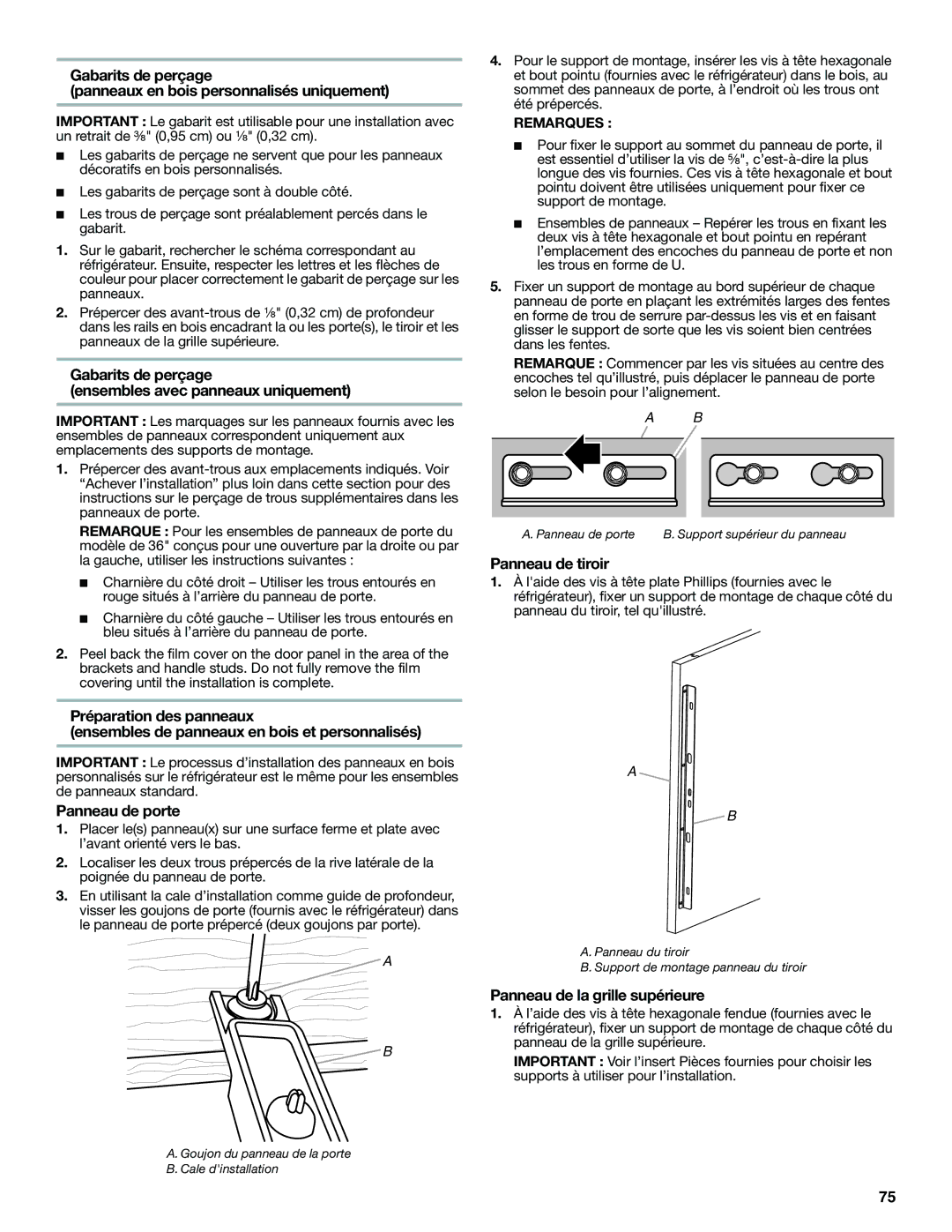 Jenn-Air W10379137A Gabarits de perçage Ensembles avec panneaux uniquement, Panneau de porte, Panneau de tiroir, Remarques 