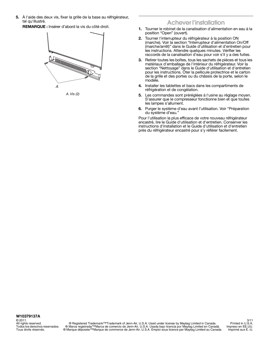 Jenn-Air W10379137A manual Achever l’installation 