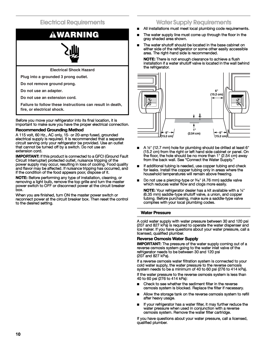 Jenn-Air W10379137A Electrical Requirements, Recommended Grounding Method, Water Pressure, Reverse Osmosis Water Supply 