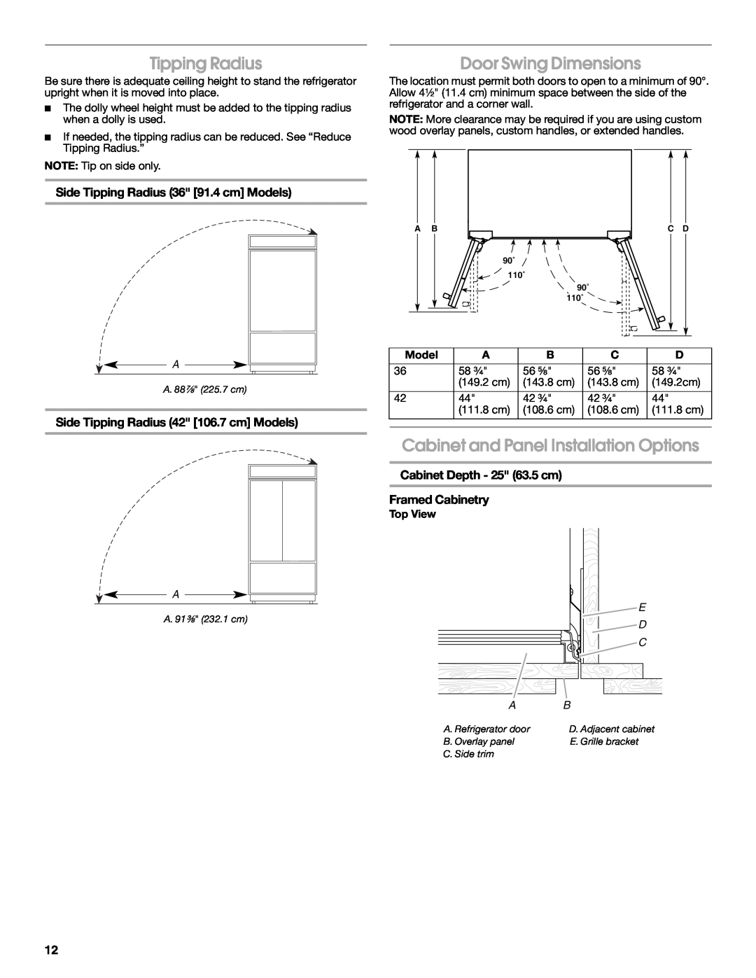Jenn-Air W10379137A manual Tipping Radius, Door Swing Dimensions, Cabinet and Panel Installation Options 
