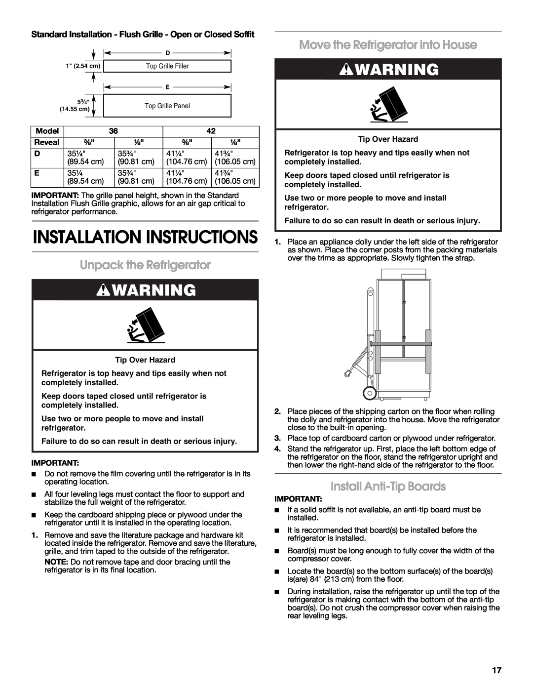 Jenn-Air W10379137A manual Unpack the Refrigerator, Move the Refrigerator into House, Install Anti-TipBoards 