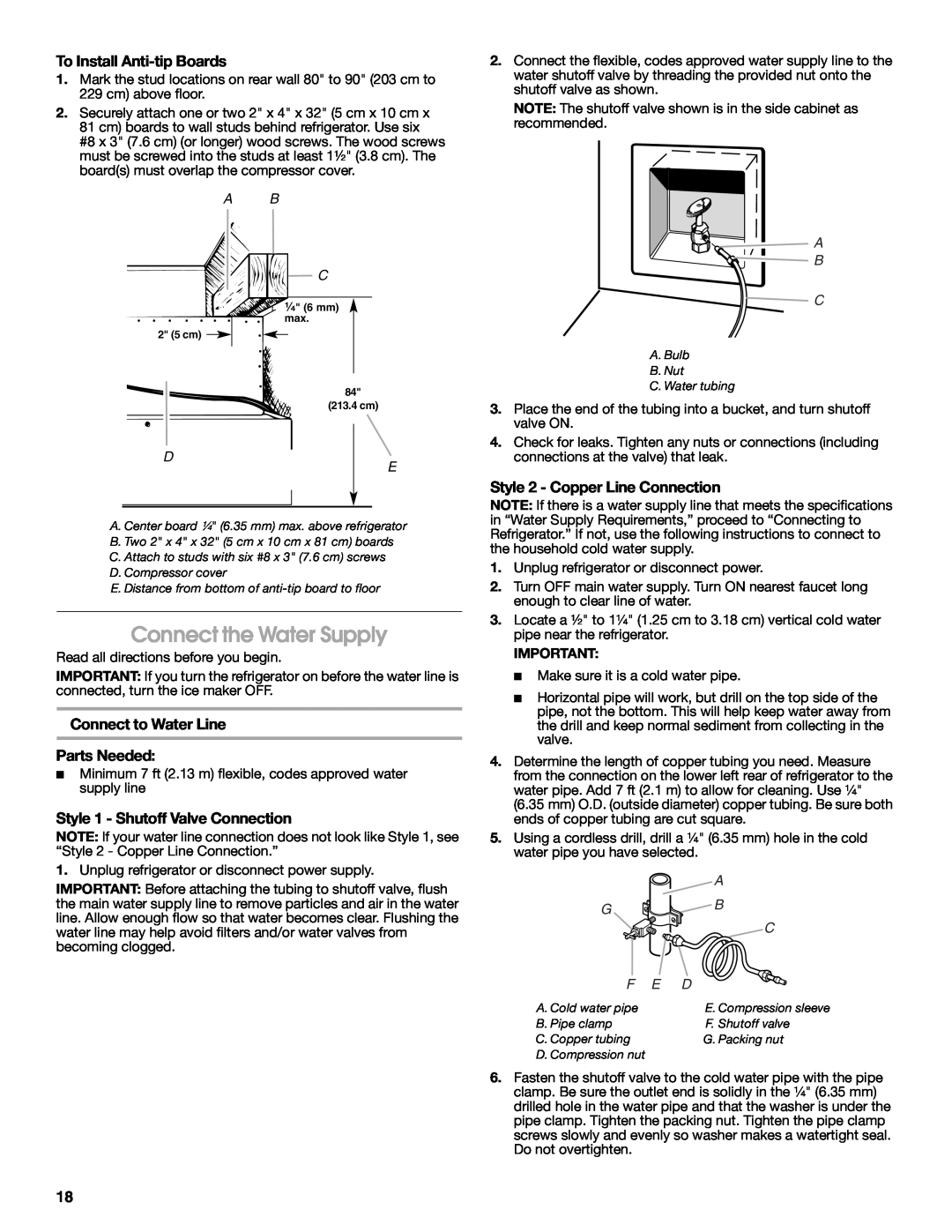 Jenn-Air W10379137A manual Connect the Water Supply, To Install Anti-tipBoards, Connect to Water Line Parts Needed, A B C 