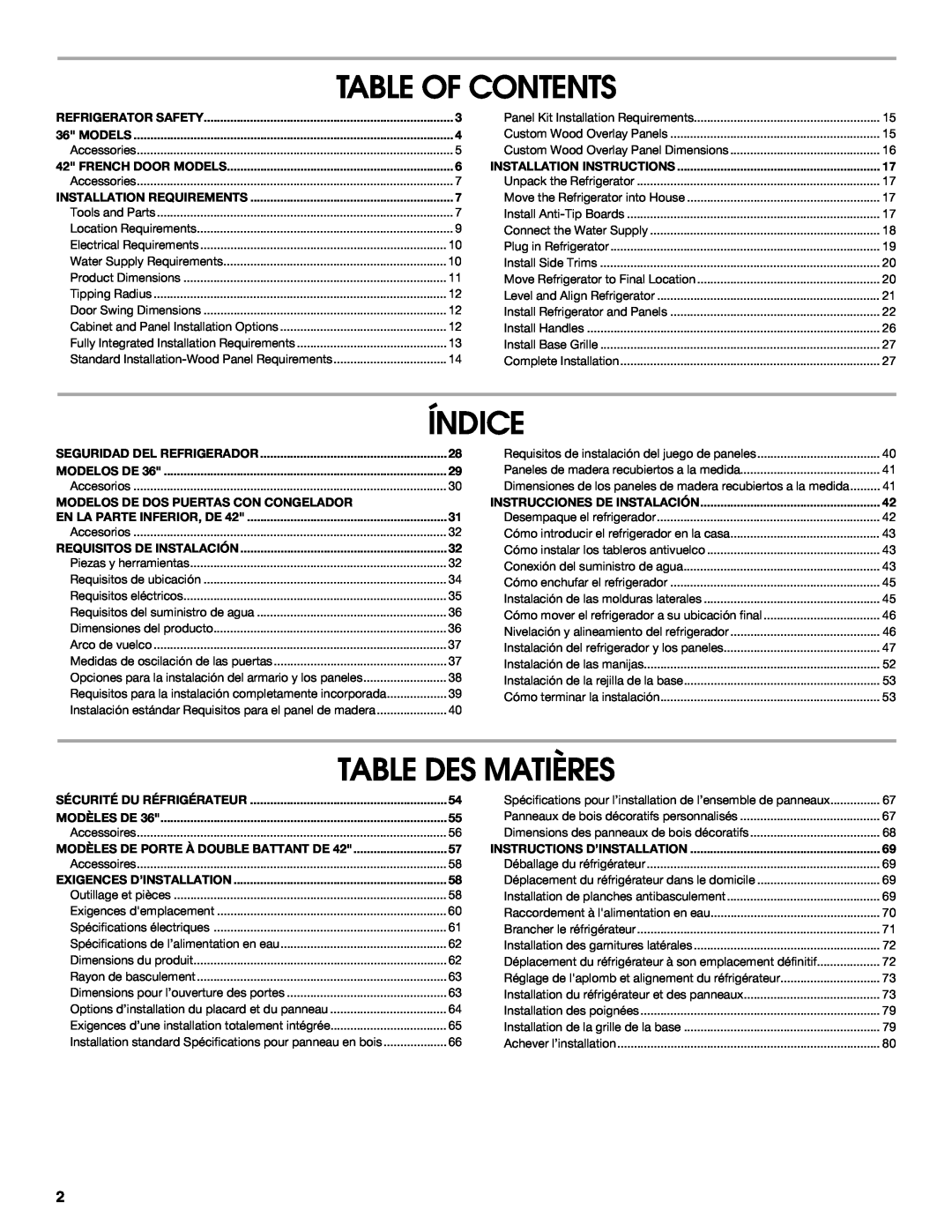 Jenn-Air W10379137A manual Table Of Contents, Índice, Table Des Matières 