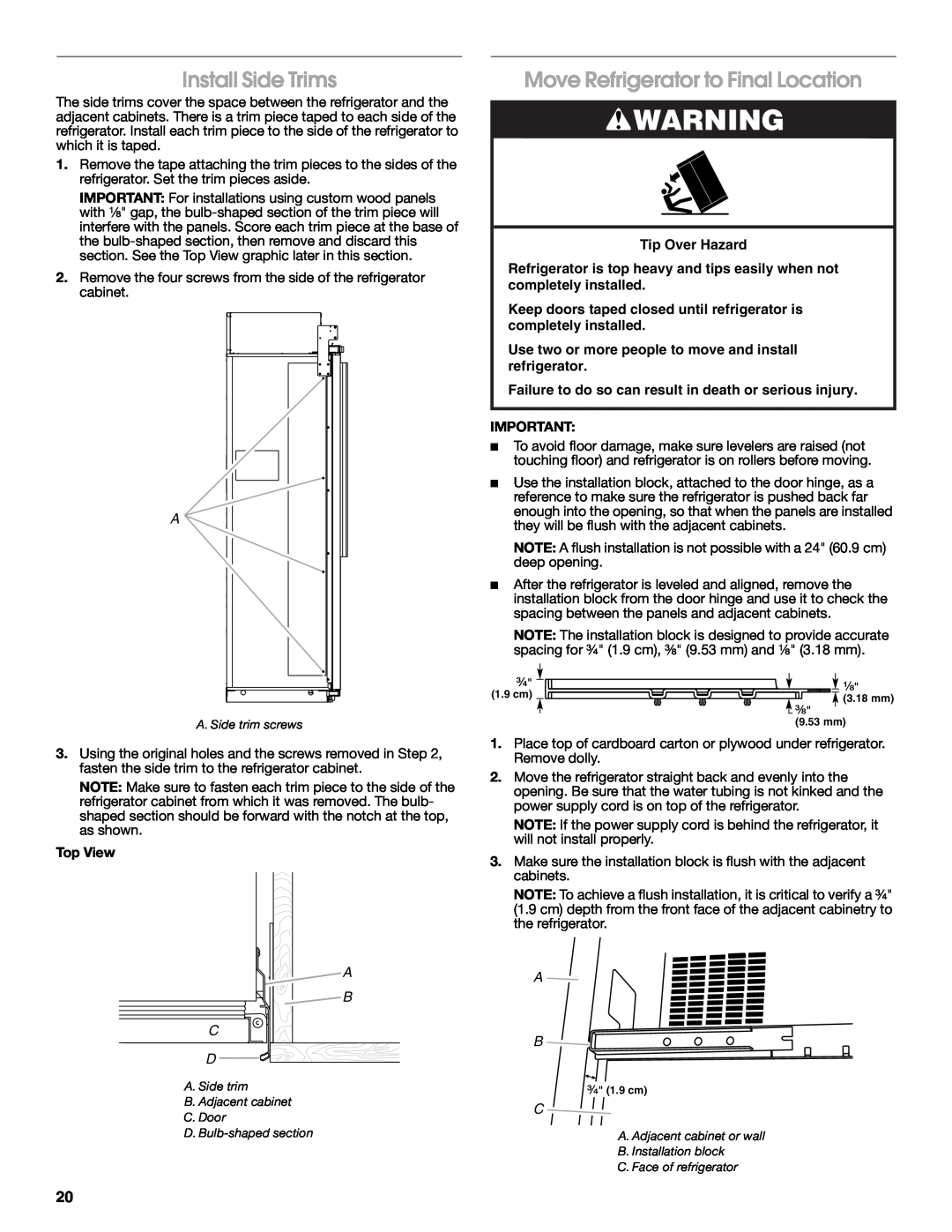 Jenn-Air W10379137A manual Install Side Trims, Move Refrigerator to Final Location 