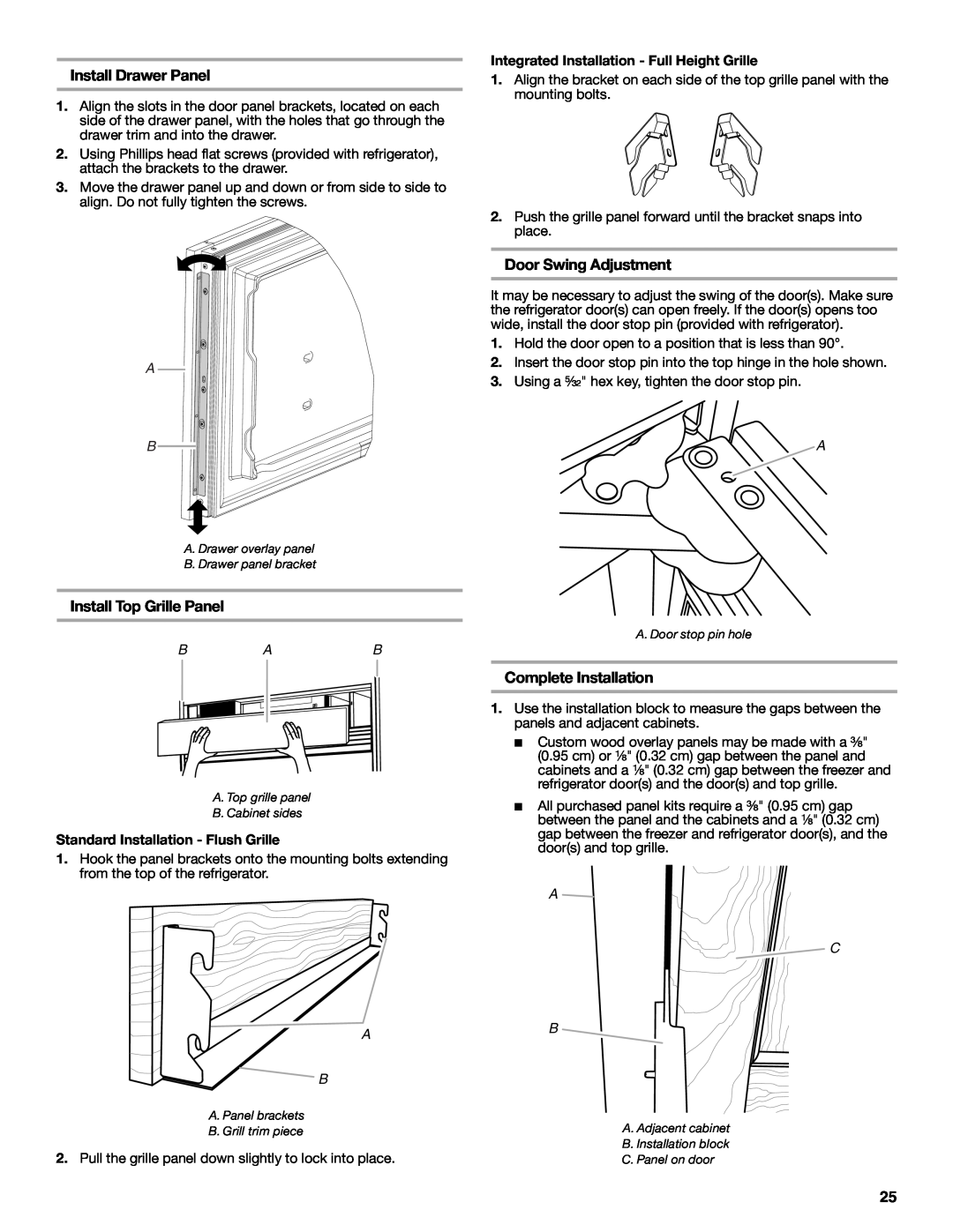 Jenn-Air W10379137A Install Drawer Panel, Install Top Grille Panel, Door Swing Adjustment, Complete Installation, A C B 
