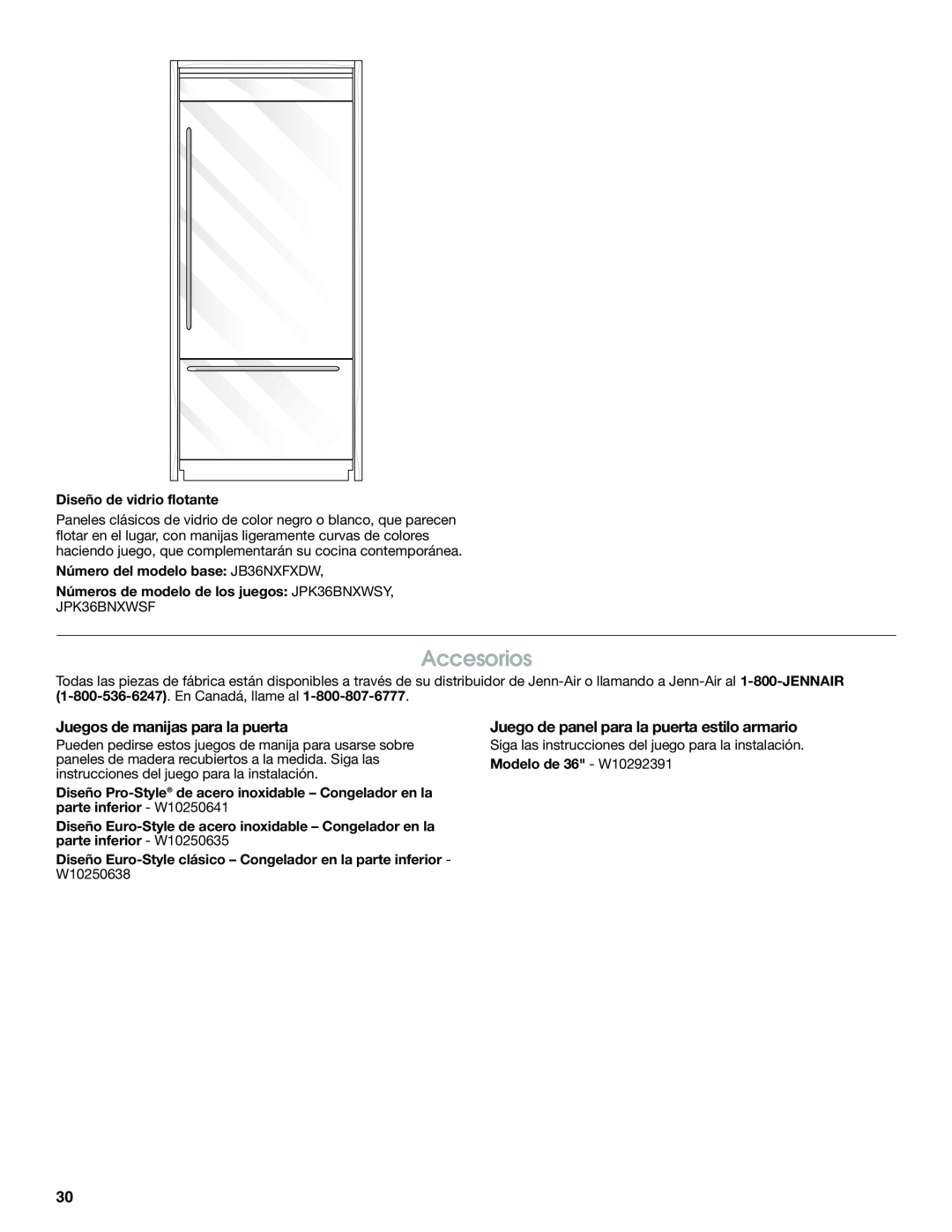 Jenn-Air W10379137A manual Accesorios, Juegos de manijas para la puerta, Juego de panel para la puerta estilo armario 
