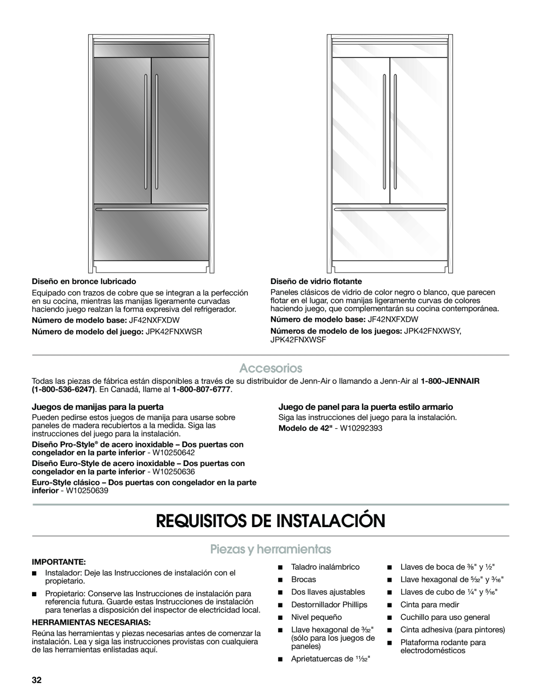 Jenn-Air W10379137A manual Requisitos De Instalación, Piezas y herramientas, Accesorios, Juegos de manijas para la puerta 