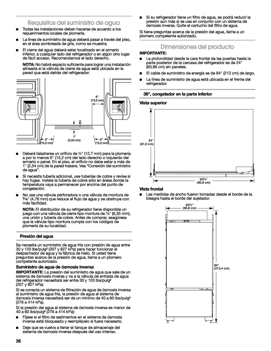 Jenn-Air W10379137A manual Requisitos del suministro de agua, Dimensiones del producto, 36, congelador en la parte inferior 