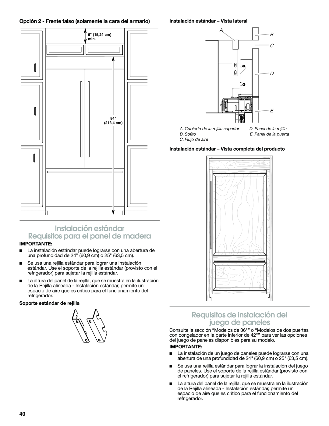 Jenn-Air W10379137A manual Requisitos para el panel de madera, Instalación estándar – Vista lateral, Importante 