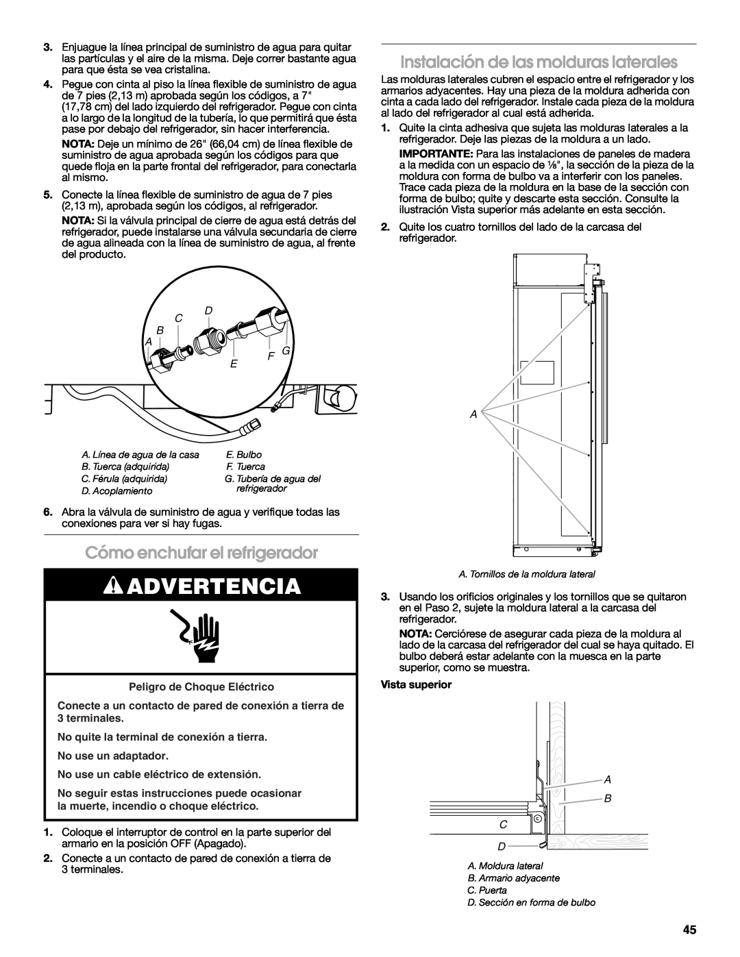 Jenn-Air W10379137A Instalación de las molduras laterales, Cómo enchufar el refrigerador, Advertencia, C B A, A B C D 