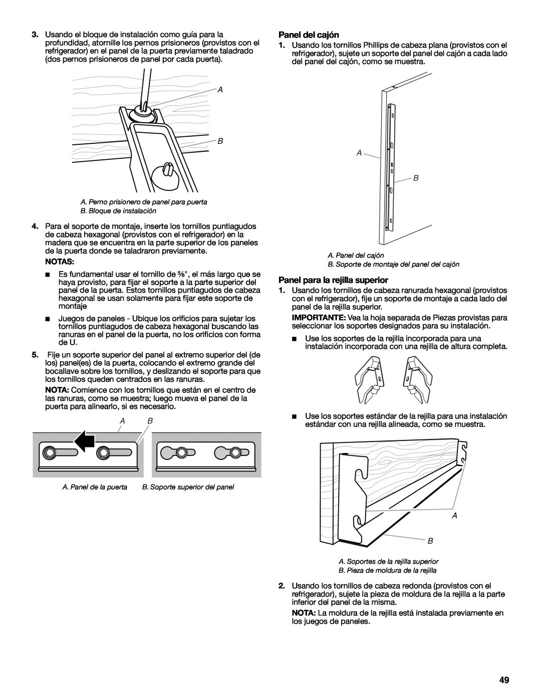 Jenn-Air W10379137A manual Panel del cajón, Panel para la rejilla superior, Notas 