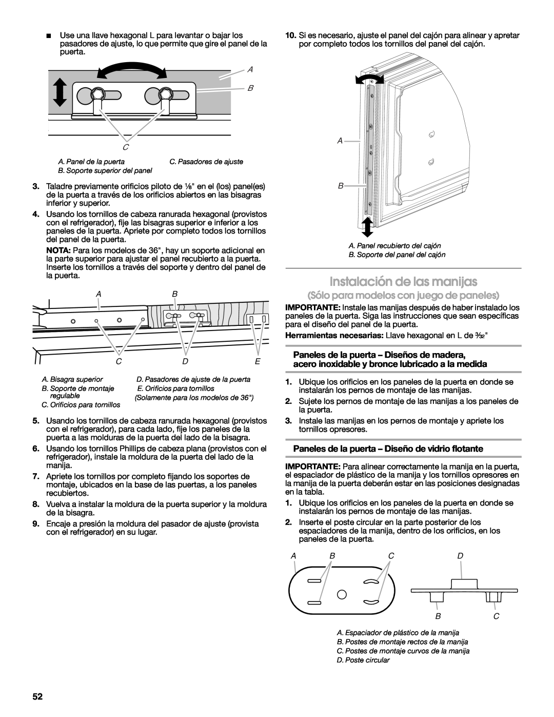 Jenn-Air W10379137A manual Instalación de las manijas, Sólo para modelos con juego de paneles, A B C, Abcd 