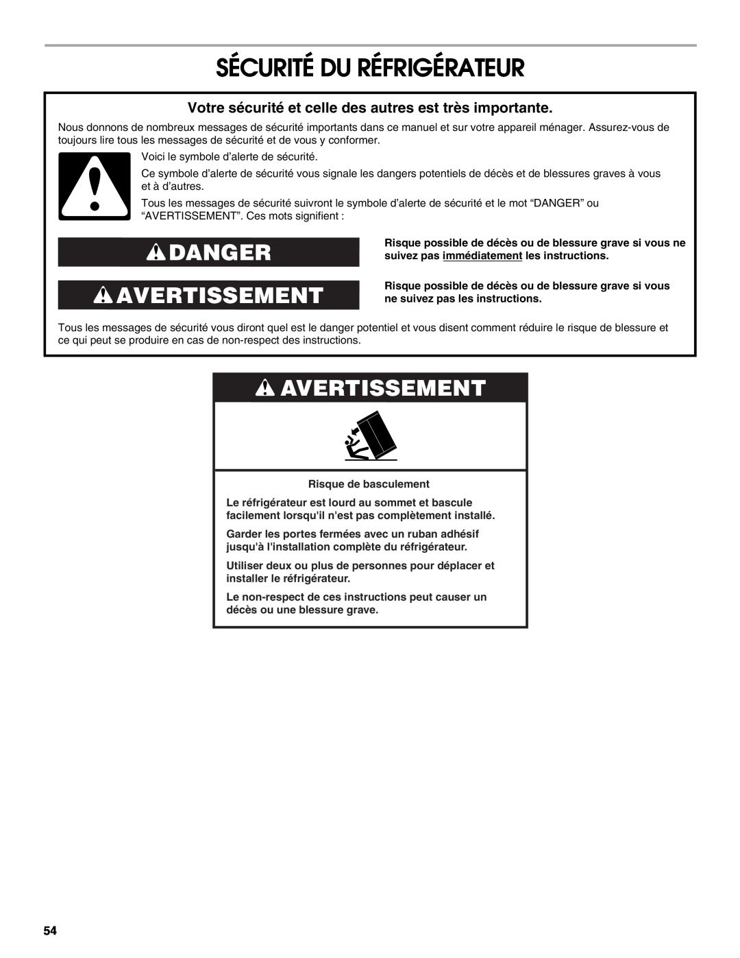 Jenn-Air W10379137A manual Sécurité Du Réfrigérateur, Danger Avertissement 