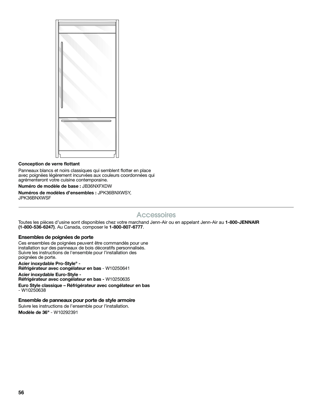 Jenn-Air W10379137A manual Accessoires, Ensembles de poignées de porte, Ensemble de panneaux pour porte de style armoire 
