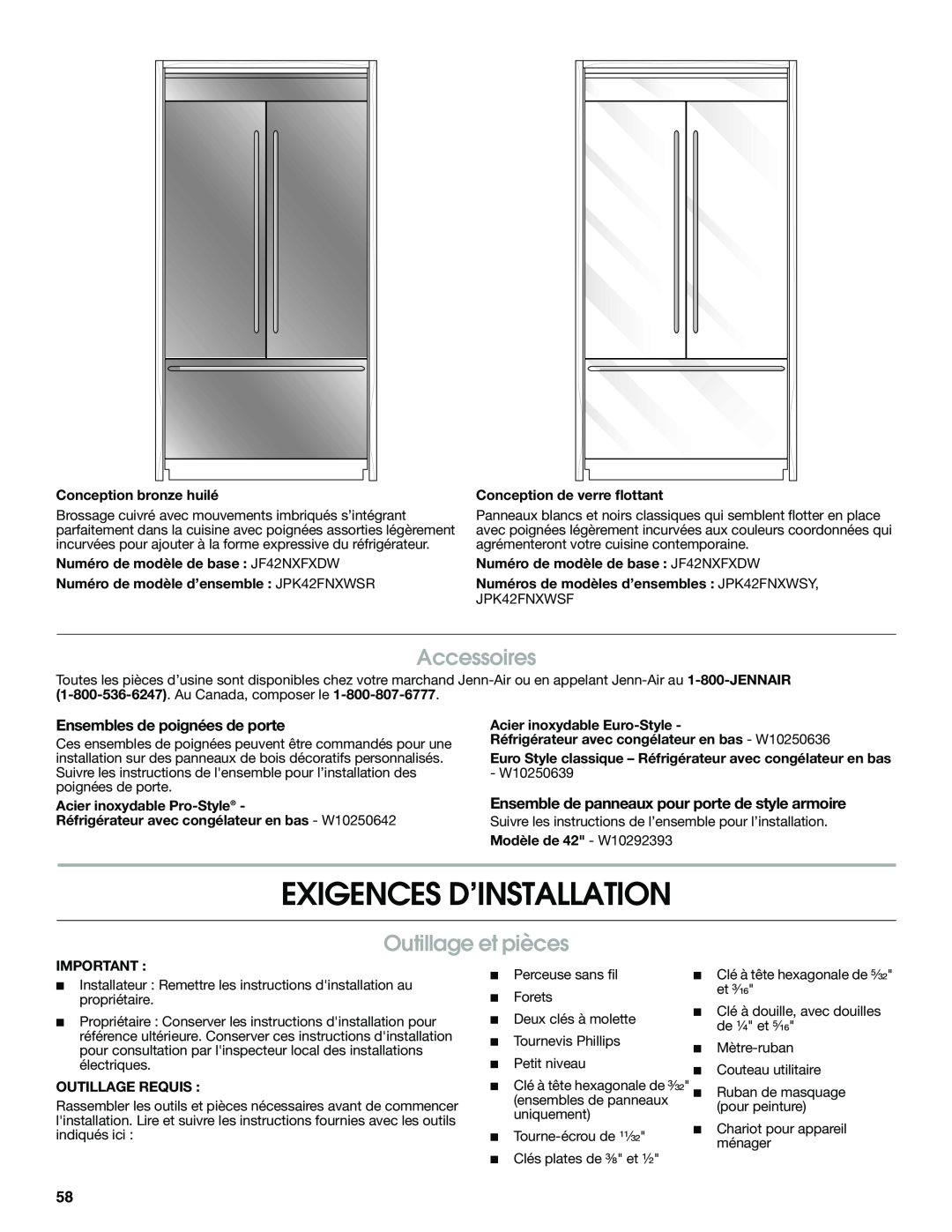 Jenn-Air W10379137A manual Exigences D’Installation, Outillage et pièces, Accessoires, Ensembles de poignées de porte 