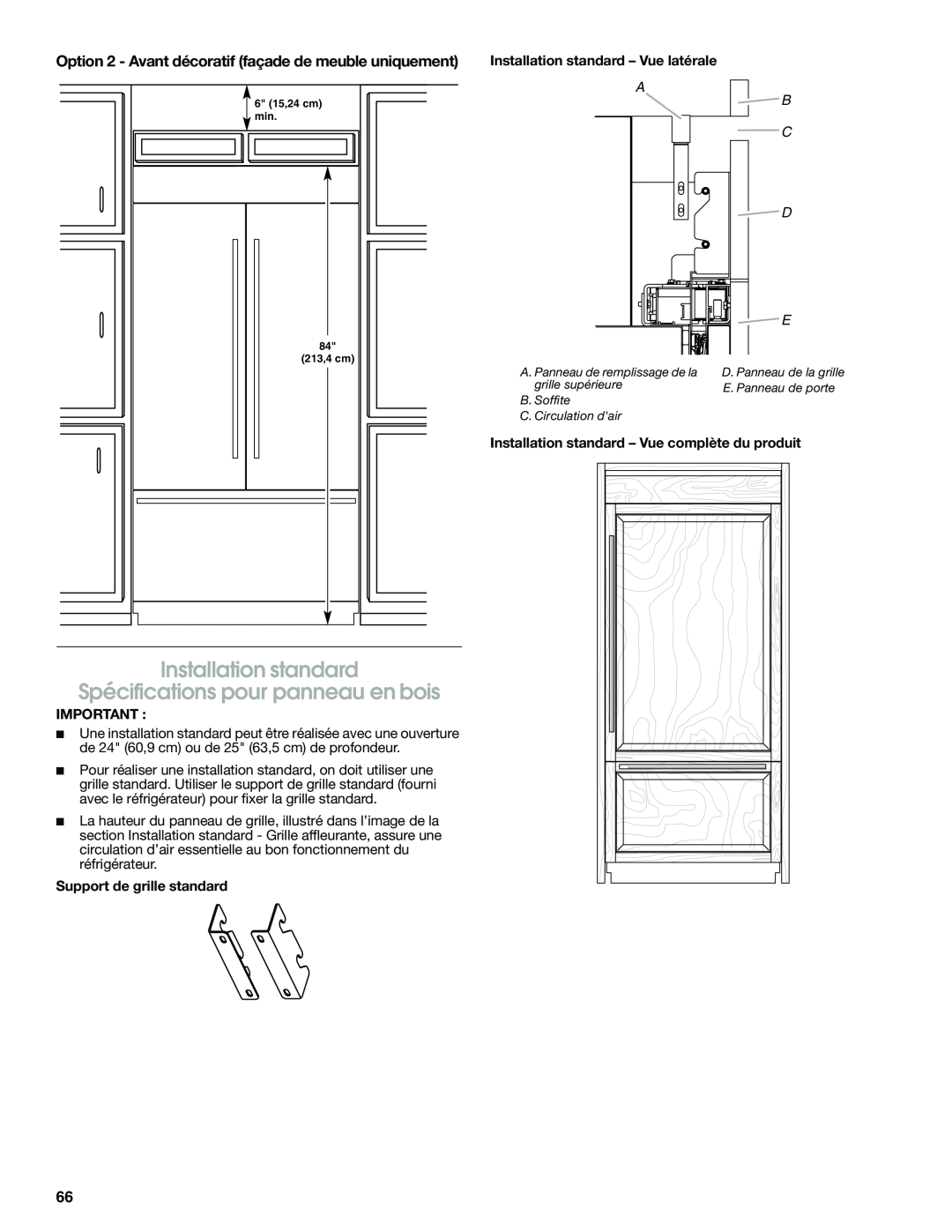 Jenn-Air W10379137A manual Installation standard, Spécifications pour panneau en bois, A B C D, Support de grille standard 
