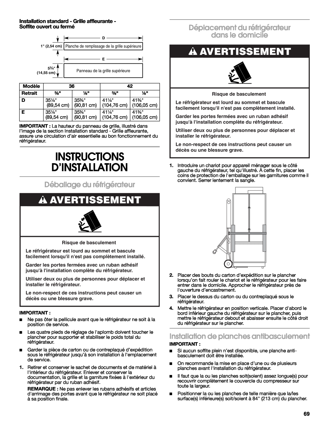 Jenn-Air W10379137A Instructions D’Installation, Déballage du réfrigérateur, Déplacement du réfrigérateur dans le domicile 