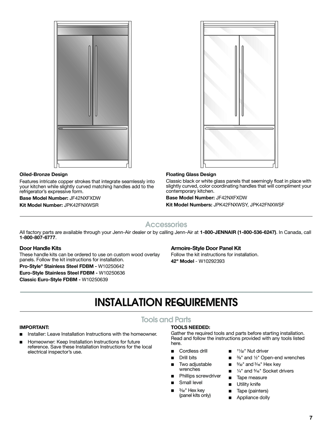 Jenn-Air W10379137A Installation Requirements, Tools and Parts, Accessories, Door Handle Kits, Armoire-StyleDoor Panel Kit 