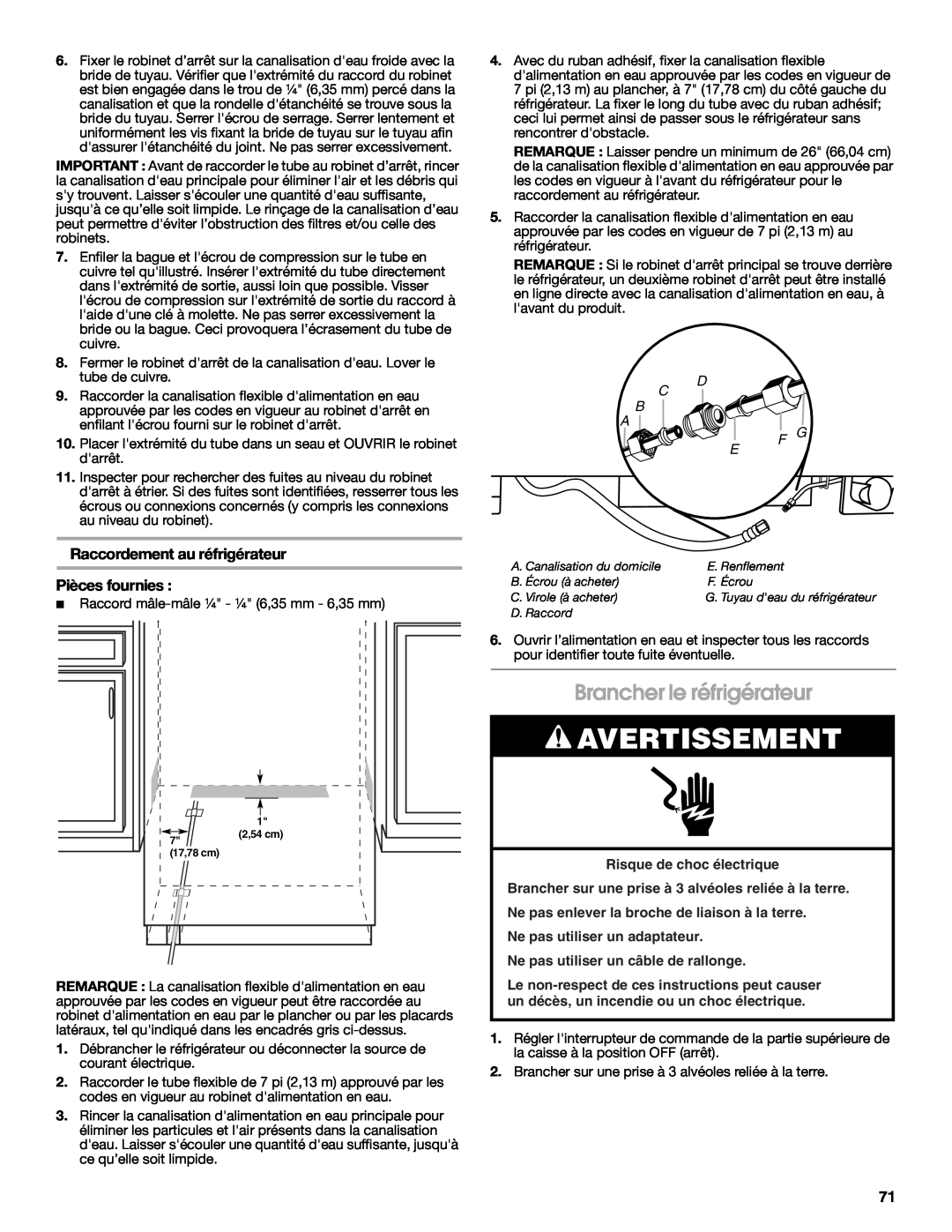 Jenn-Air W10379137A manual Brancher le réfrigérateur, Raccordement au réfrigérateur, Pièces fournies, Avertissement, C B A 
