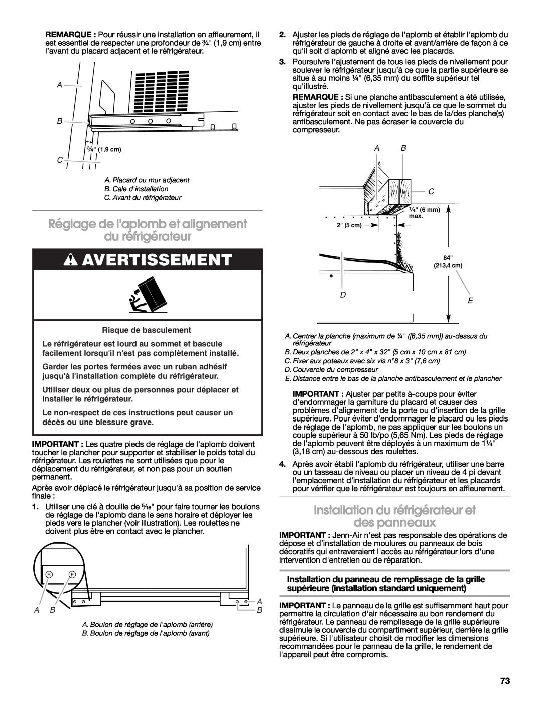 Jenn-Air W10379137A manual Réglage de laplomb et alignement du réfrigérateur, Installation du réfrigérateur et des panneaux 
