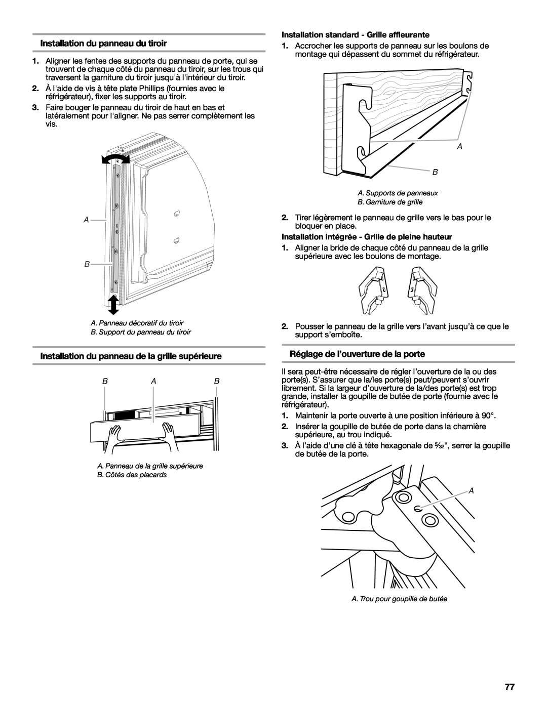 Jenn-Air W10379137A manual Installation du panneau du tiroir, Installation du panneau de la grille supérieure 