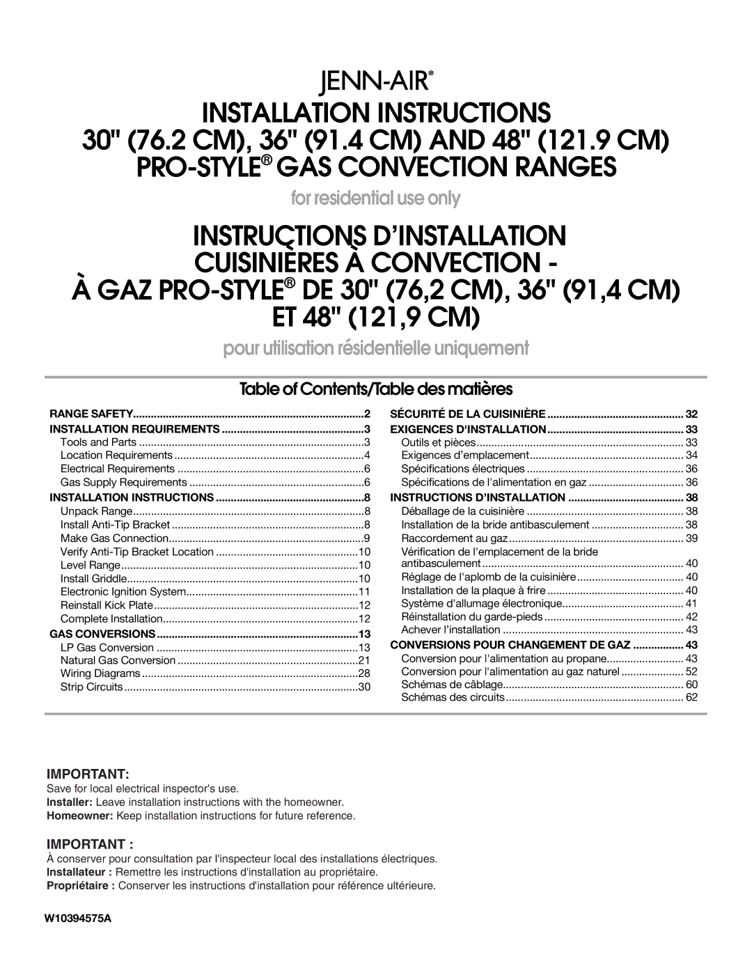 Jenn-Air W10394575A installation instructions Installation Instructions 