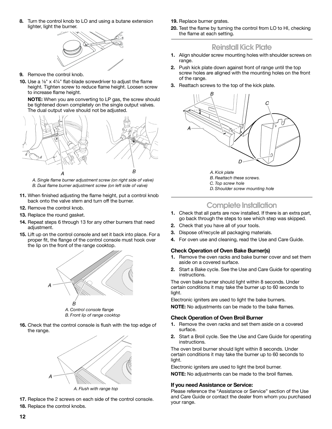 Jenn-Air W10394575A Reinstall Kick Plate, Complete Installation, Check Operation of Oven Bake Burners 