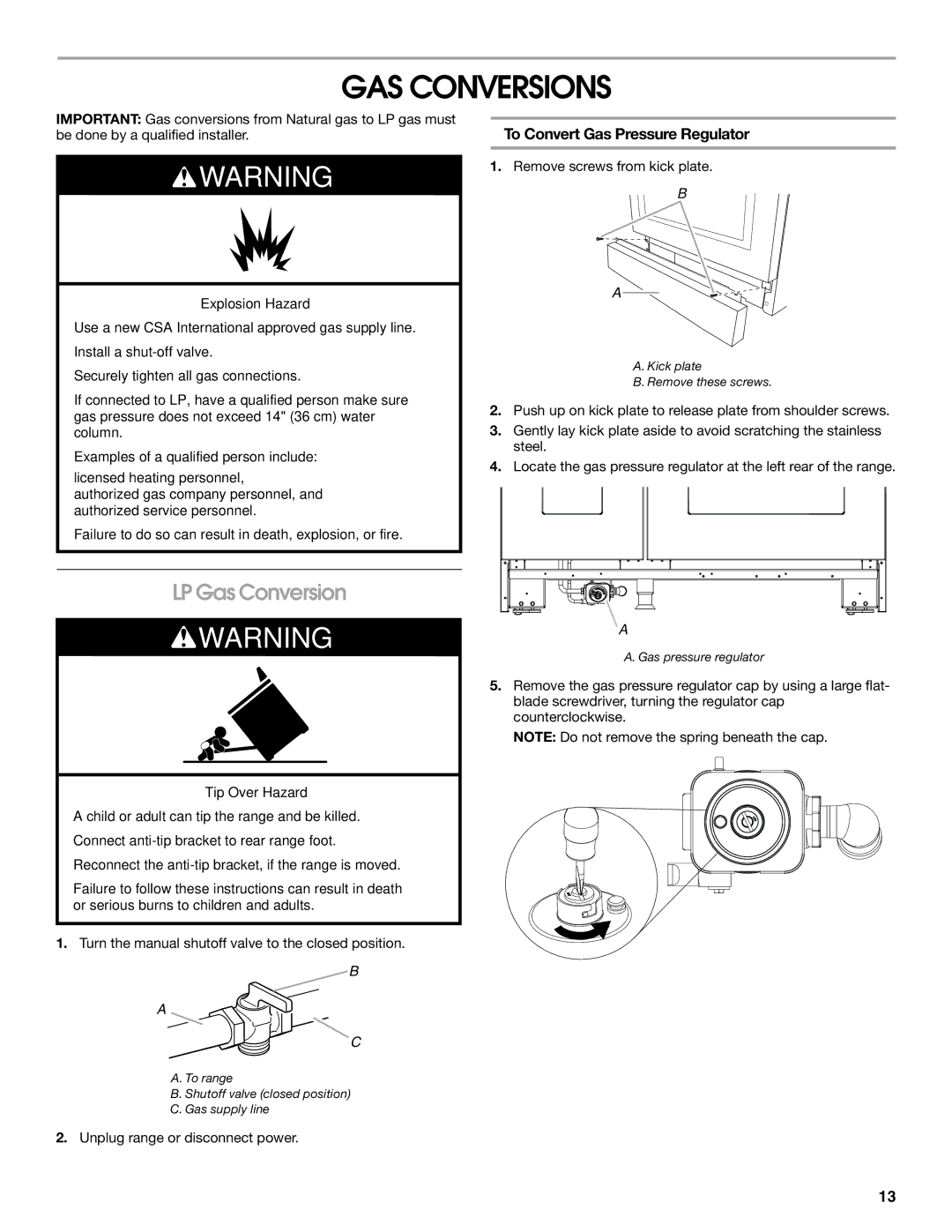 Jenn-Air W10394575A installation instructions GAS Conversions, LP Gas Conversion, To Convert Gas Pressure Regulator 