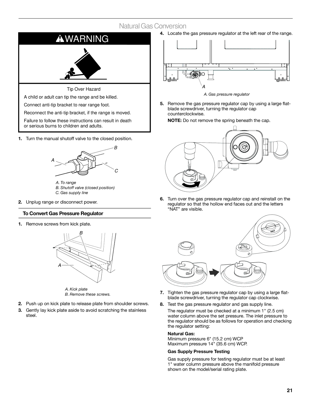 Jenn-Air W10394575A installation instructions Natural Gas Conversion, To Convert Gas Pressure Regulator 