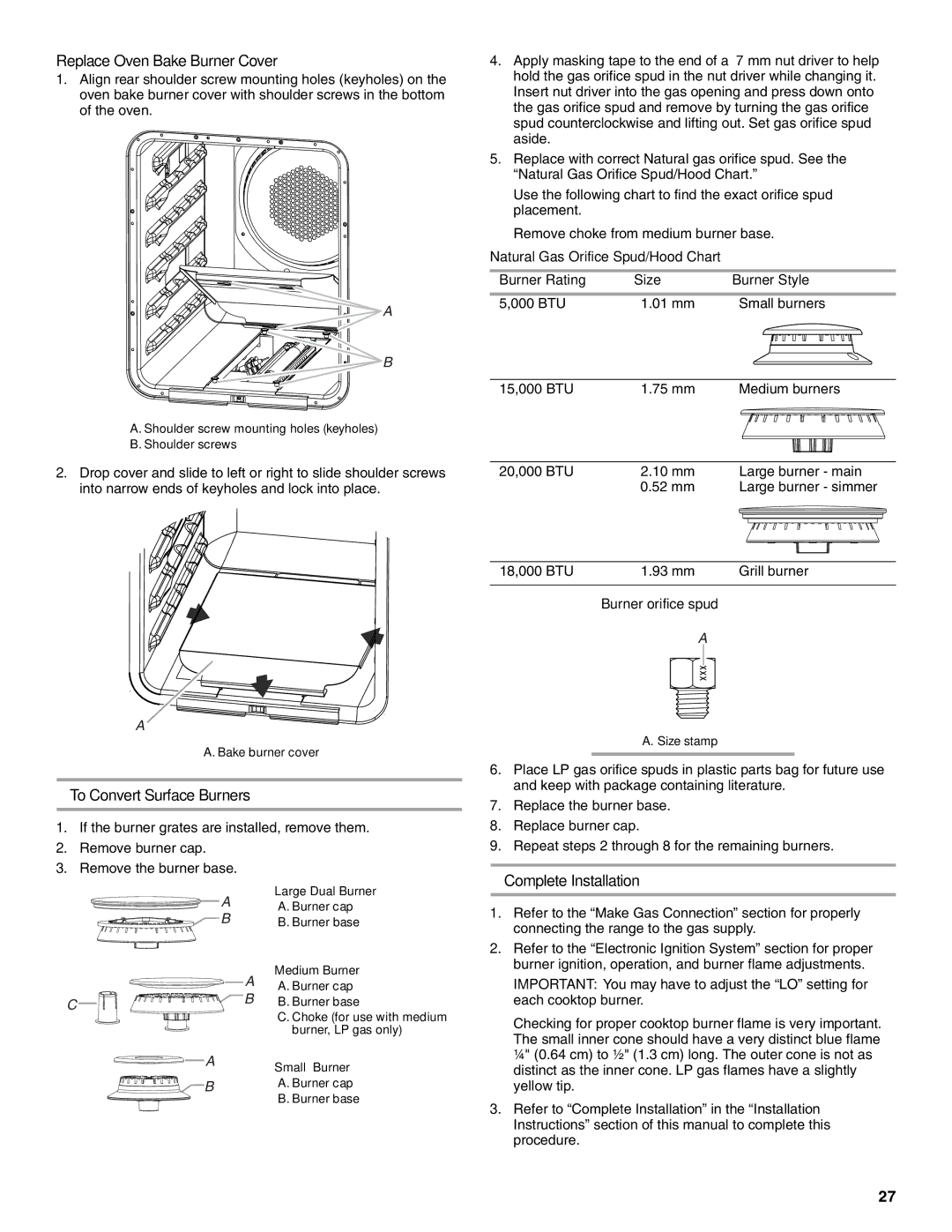 Jenn-Air W10394575A installation instructions BTU 01 mm Small burners 15,000 BTU 75 mm 