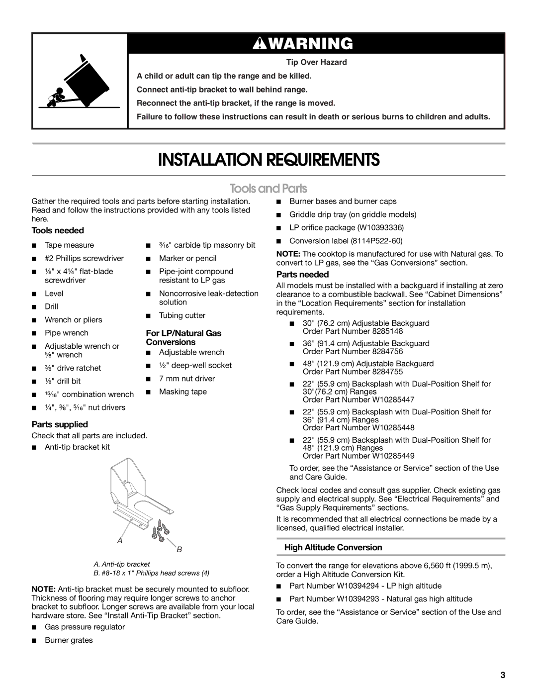 Jenn-Air W10394575A installation instructions Installation Requirements, Tools and Parts 