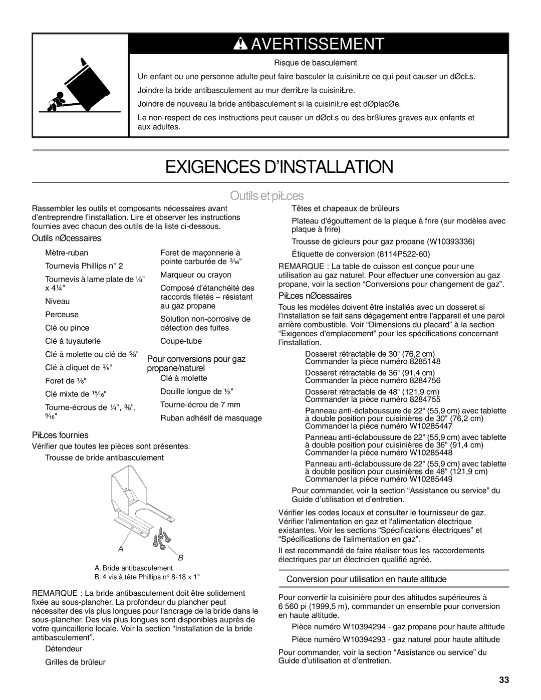 Jenn-Air W10394575A installation instructions Exigences Dinstallation, Outils et pièces 