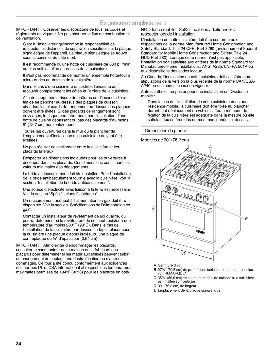 Jenn-Air W10394575A installation instructions Exigences d’emplacement, Dimensions du produit Modèles de 30 76,2 cm 