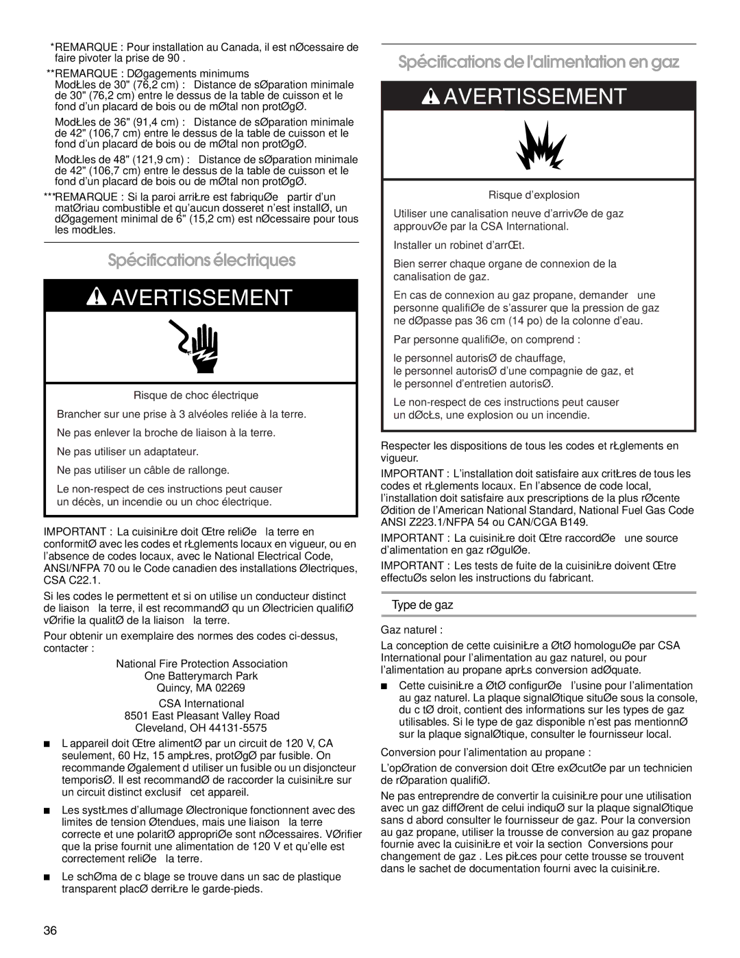 Jenn-Air W10394575A Spécifications électriques, Spécifications de lalimentation en gaz, Type de gaz 