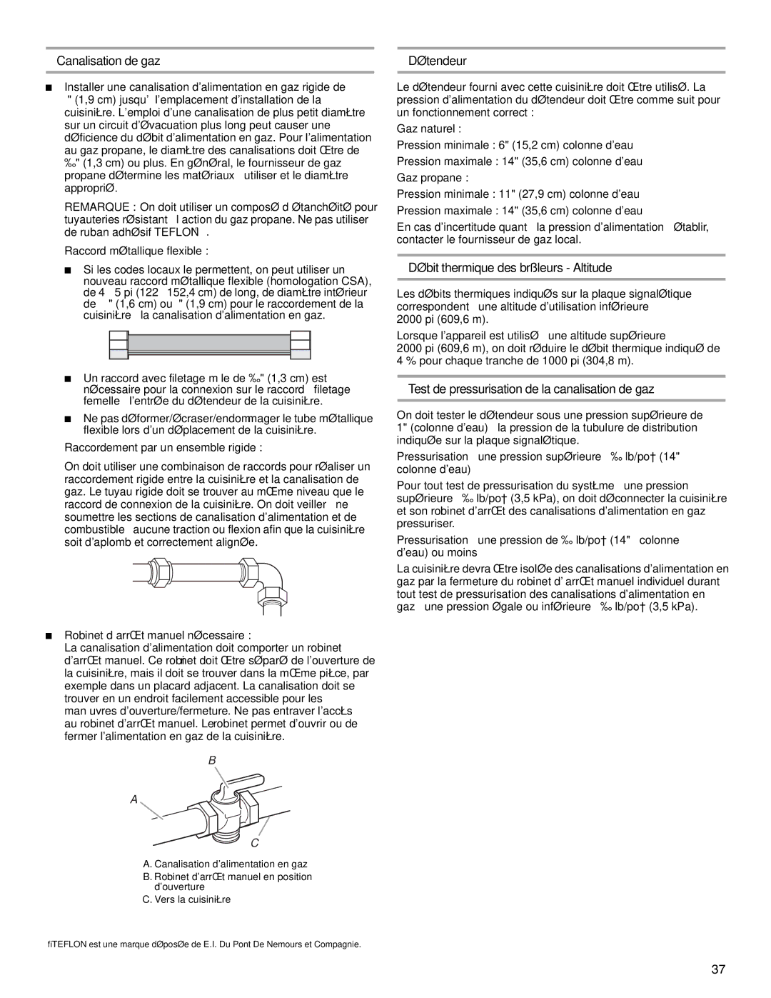 Jenn-Air W10394575A installation instructions Canalisation de gaz, Détendeur, Débit thermique des brûleurs Altitude 