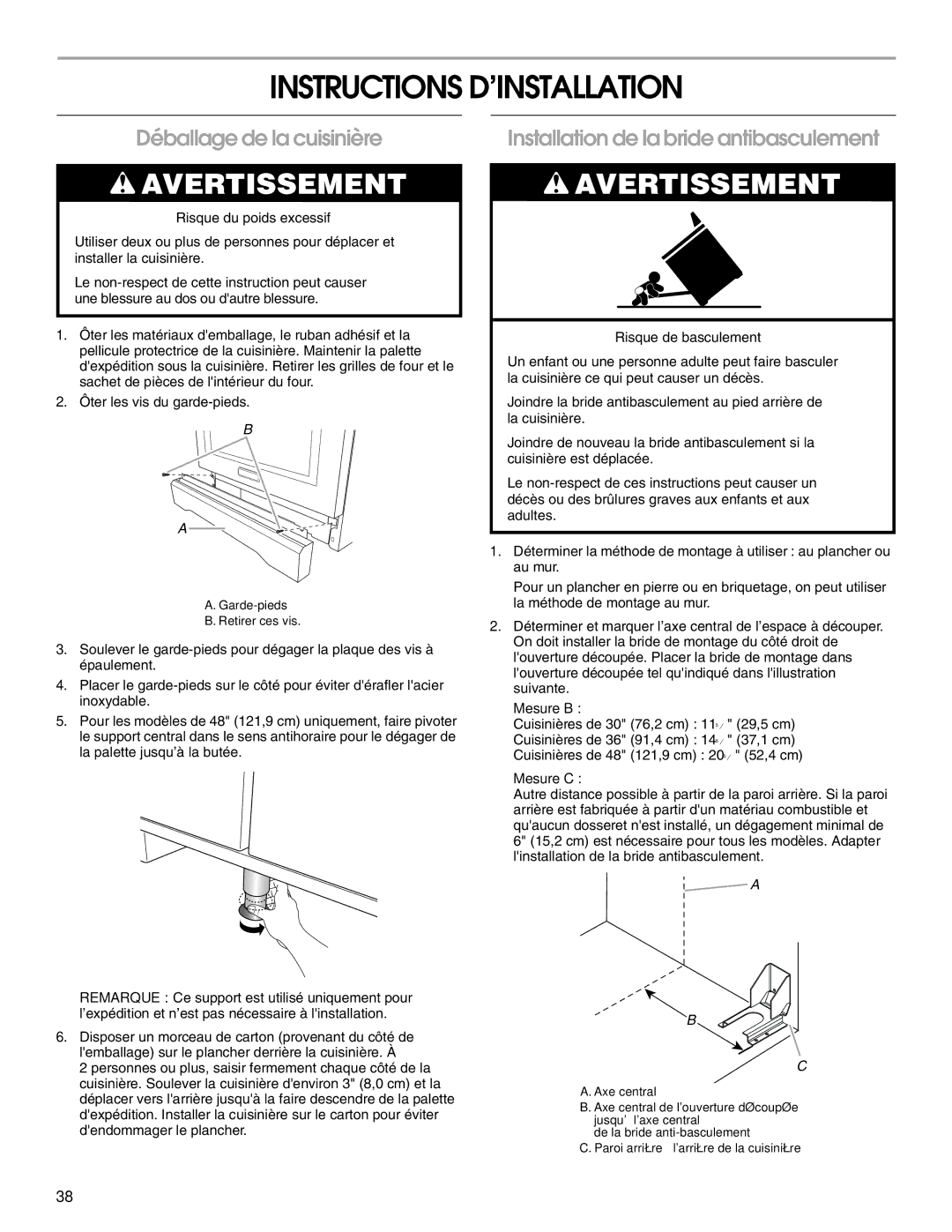 Jenn-Air W10394575A Instructions D’INSTALLATION, Déballage de la cuisinière, Installation de la bride antibasculement 