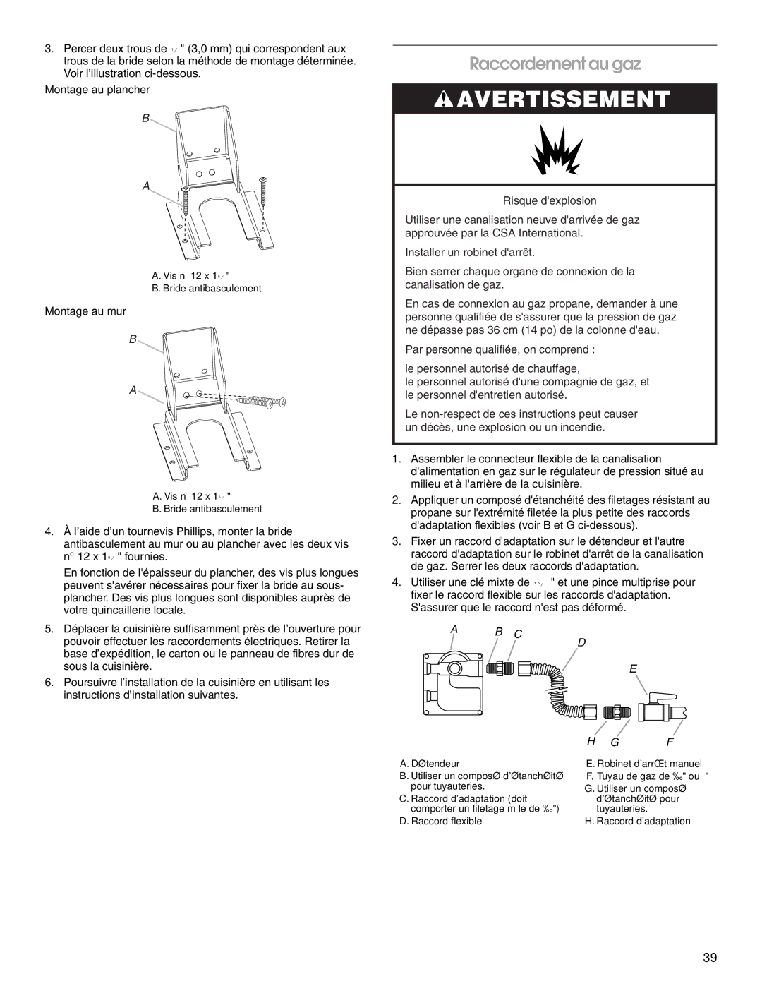 Jenn-Air W10394575A installation instructions Raccordement au gaz, Montage au plancher, Montage au mur 