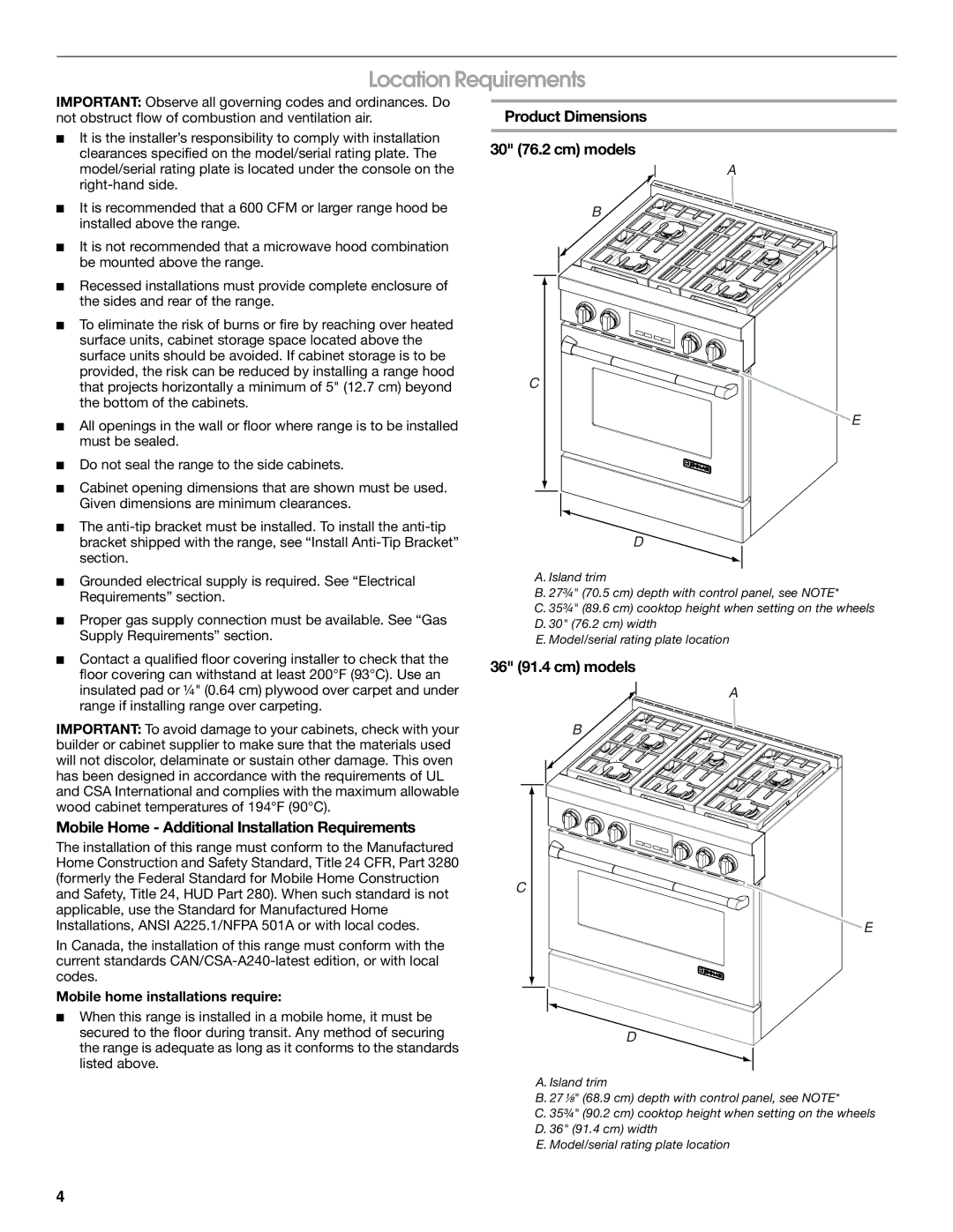 Jenn-Air W10394575A Location Requirements, Mobile Home Additional Installation Requirements, 36 91.4 cm models 