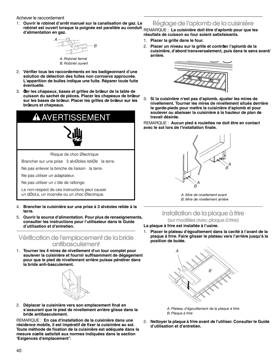 Jenn-Air W10394575A Vérification de lemplacement de la bride Antibasculement, Réglage de laplomb de la cuisinière 