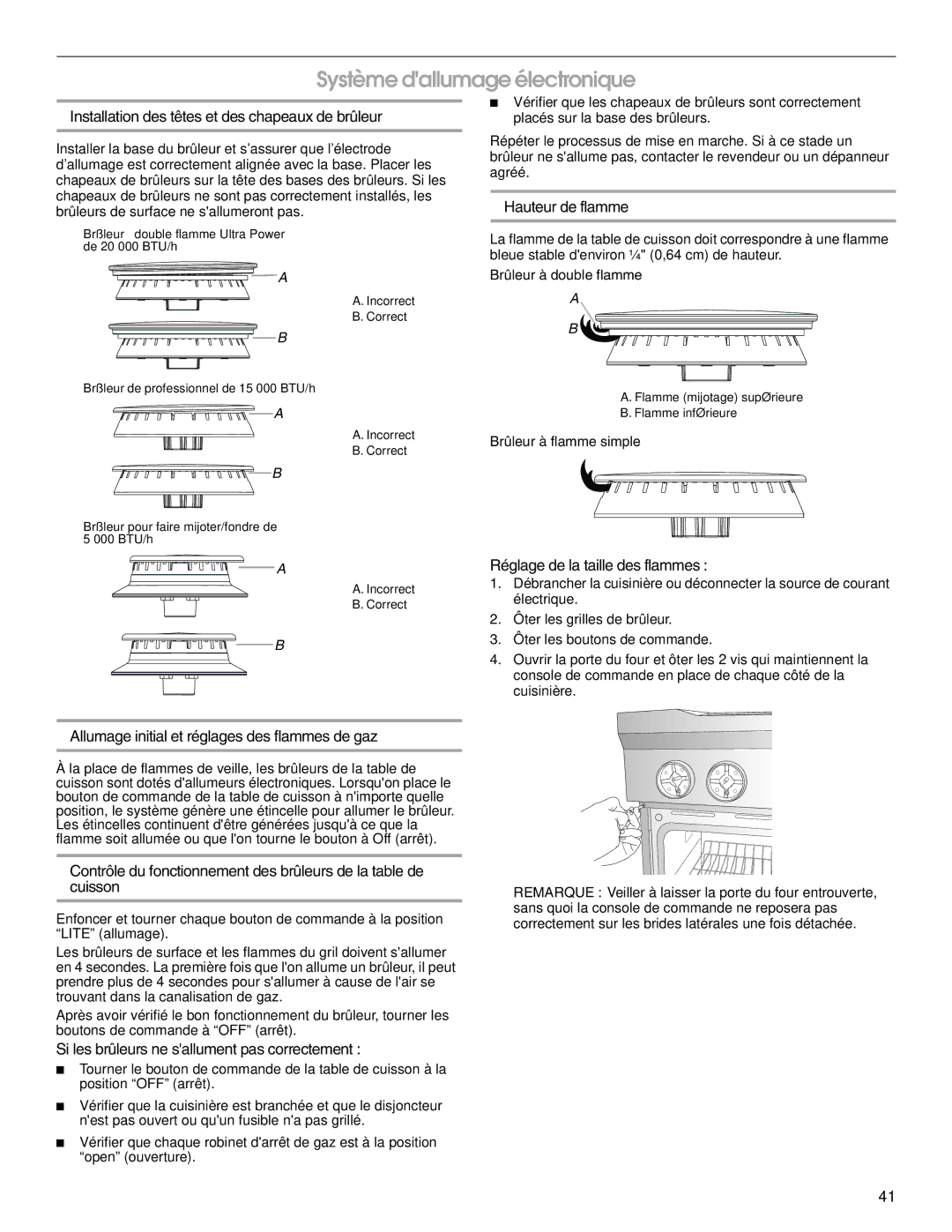 Jenn-Air W10394575A installation instructions Système dallumage électronique 