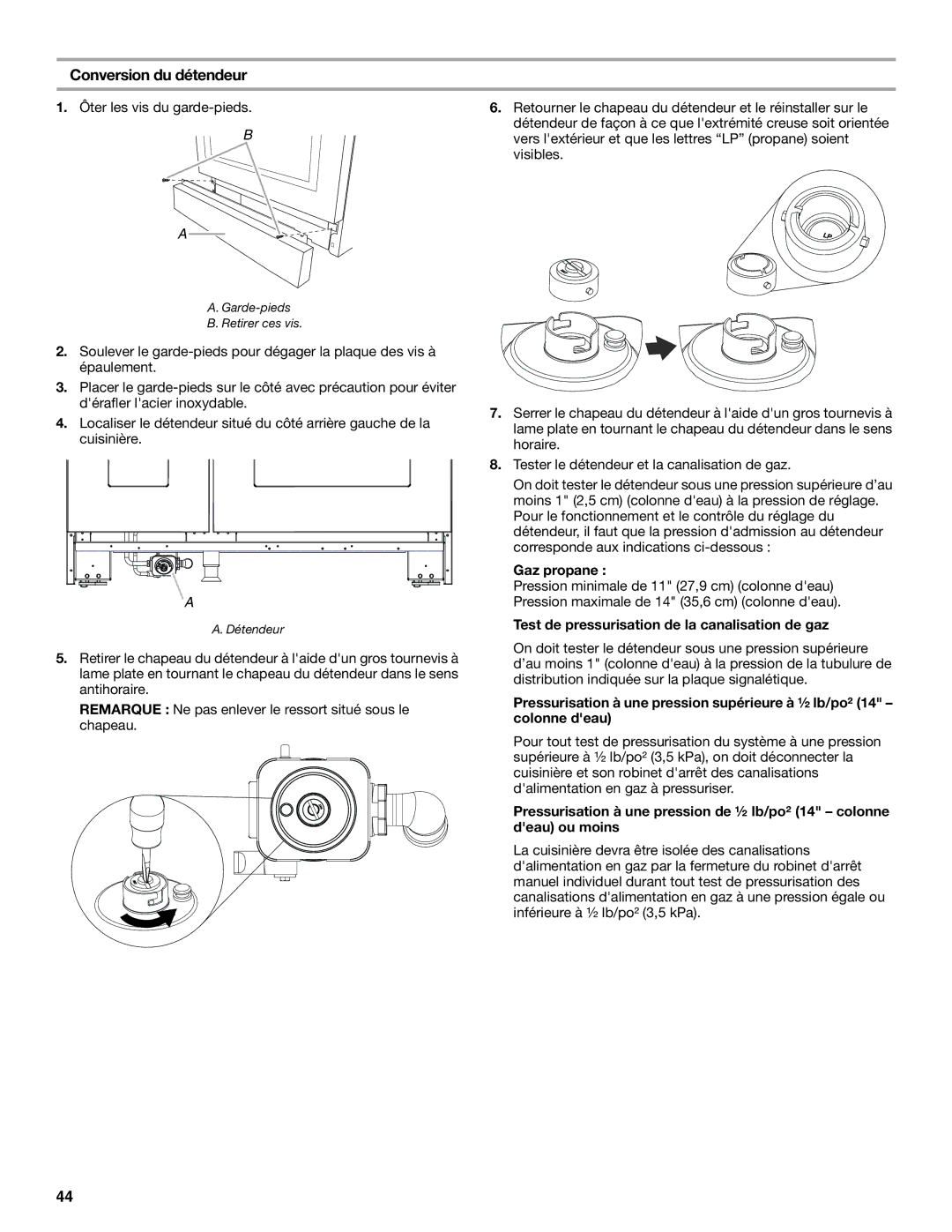 Jenn-Air W10394575A installation instructions Conversion du détendeur, Test de pressurisation de la canalisation de gaz 