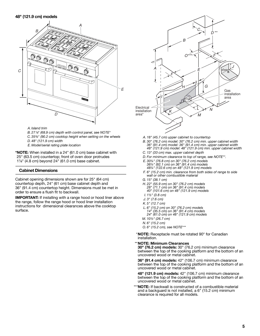 Jenn-Air W10394575A installation instructions 48 121.9 cm models, Cabinet Dimensions 