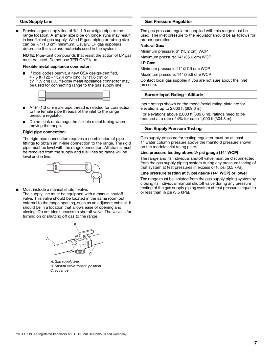 Jenn-Air W10394575A Gas Supply Line, Gas Pressure Regulator, Burner Input Rating Altitude, Gas Supply Pressure Testing 