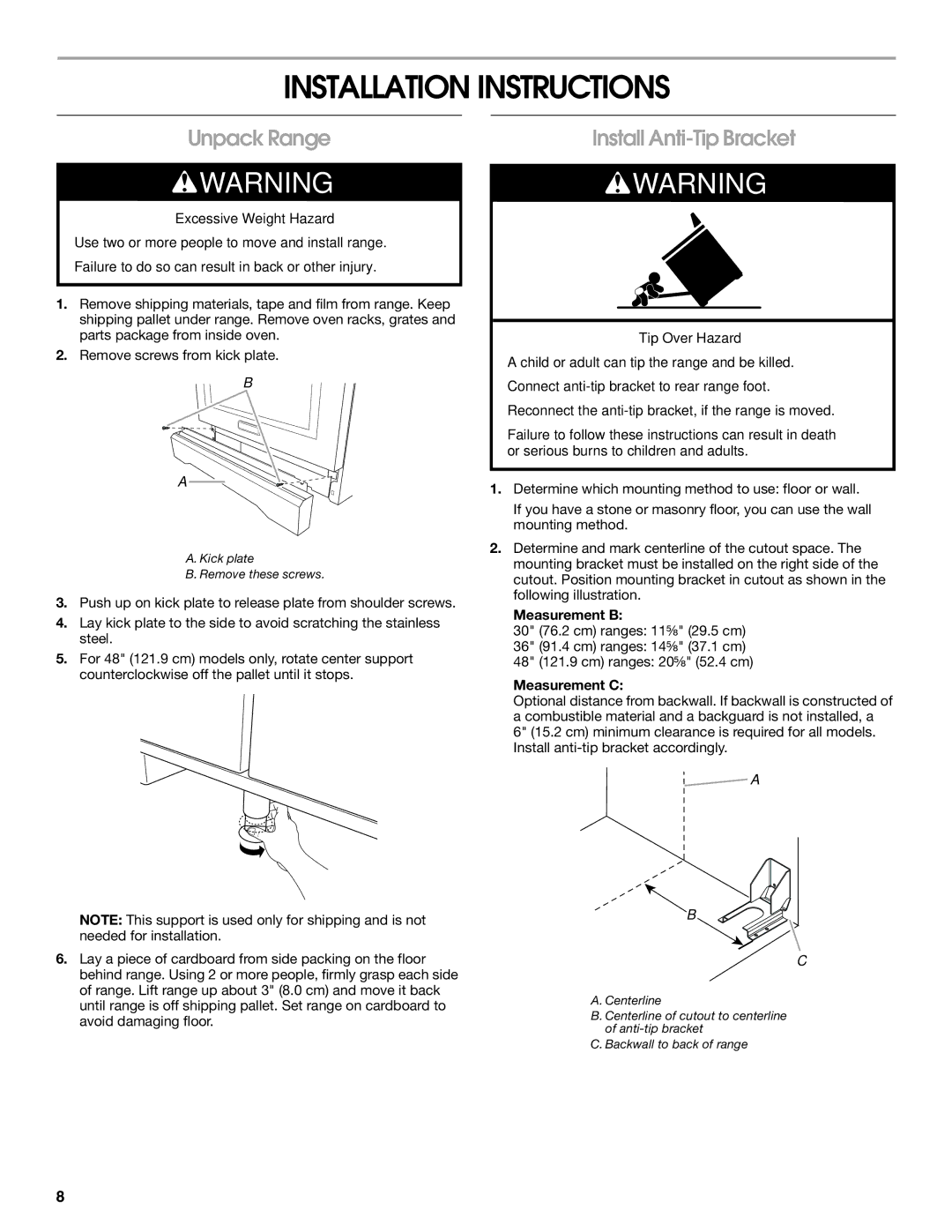 Jenn-Air W10394575A Installation Instructions, Unpack Range, Install Anti-Tip Bracket, Measurement B, Measurement C 