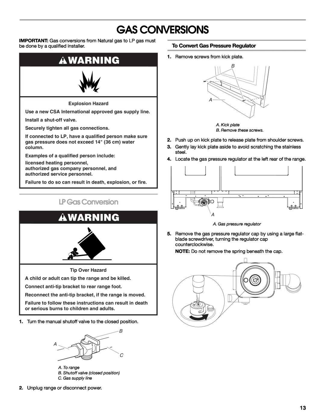 Jenn-Air W10394575A installation instructions Gas Conversions, LP Gas Conversion, To Convert Gas Pressure Regulator, B A C 