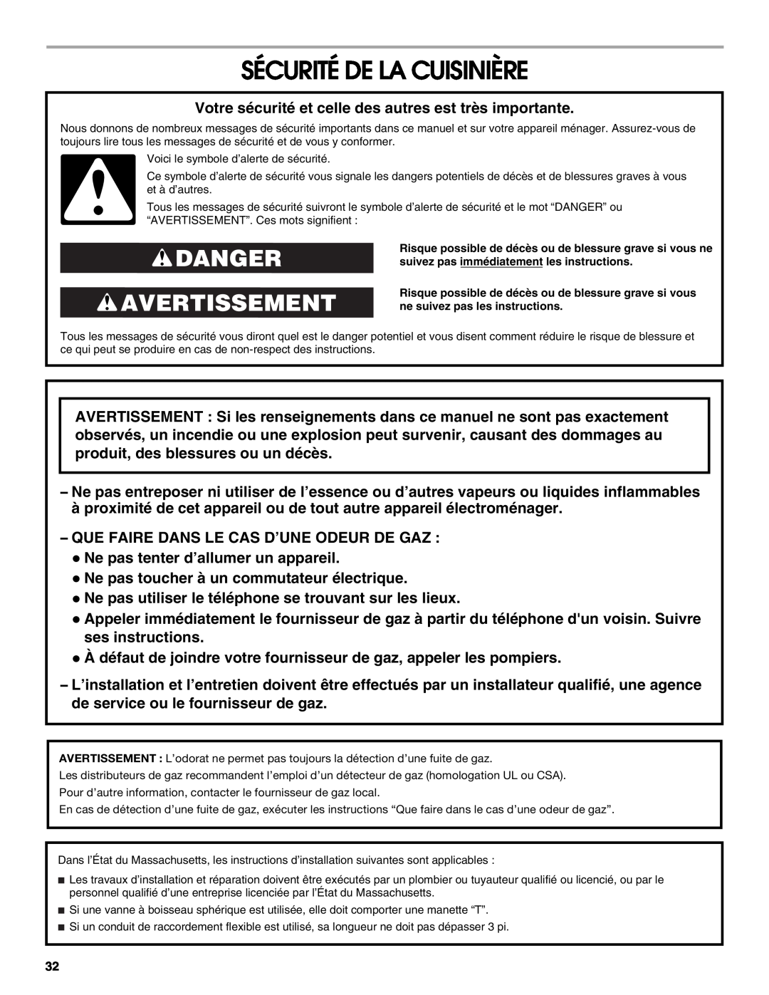 Jenn-Air W10394575A installation instructions Sécurité De La Cuisinière, Danger Avertissement 